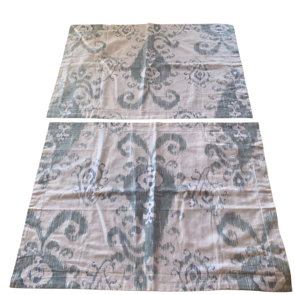 Set of 2 Pottery Barn Standard Pillow Shams Ikat Print Ivory Blue Green